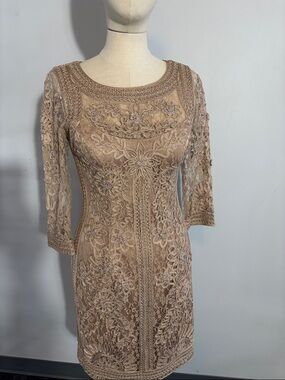 Sue Wong Beige Lace Embroidered Midi Dress